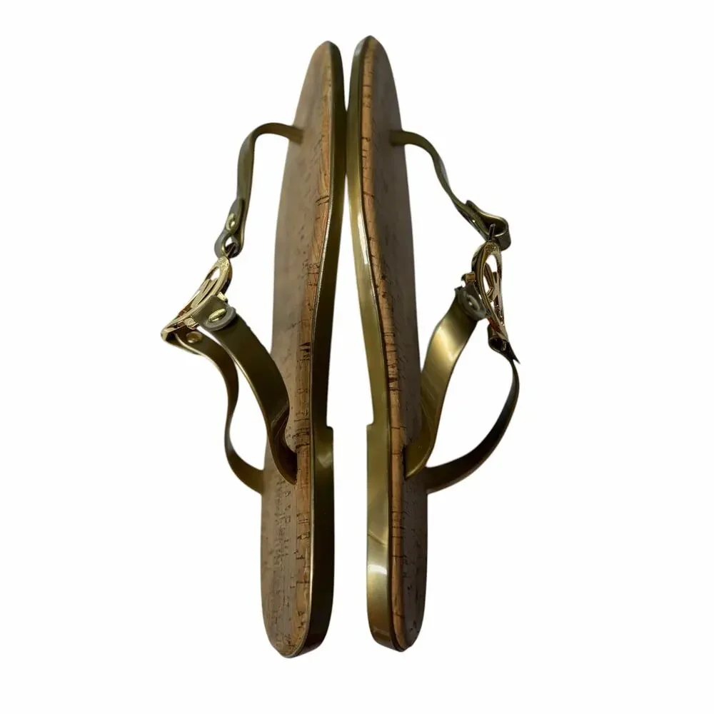 Michael Michael Kors Gold Jelly Thong Sandals MK Logo Cork Print Women's 8M